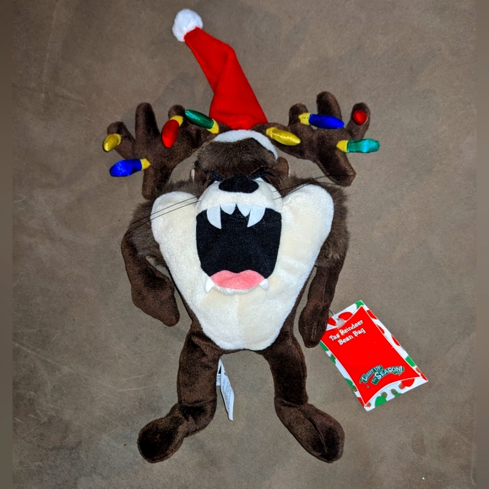 Taz Tasmanian Devil 1999 Santa Reindeer Bean Bag Plush Warner Bros Christmas